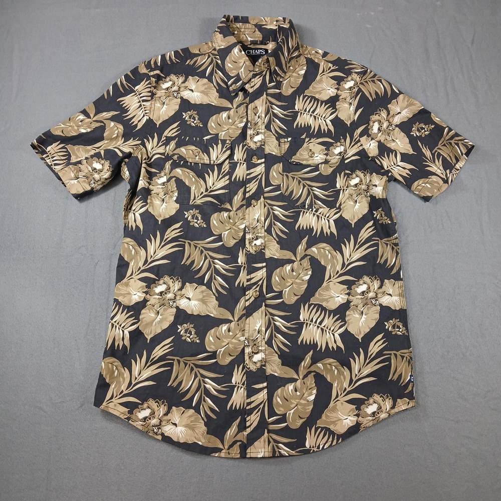 Chaps‎ Button Down Shirt Mens Small Brown Floral Tropical Cotton Short Sleeve